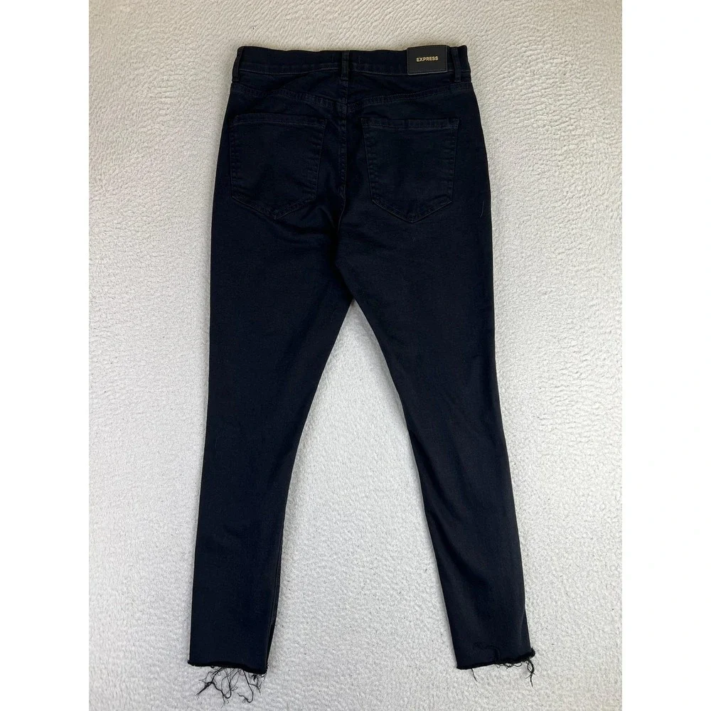 Express Skinny High Rise Jeans Womens 6R Black Distressed Raw Hem Stretch Denim